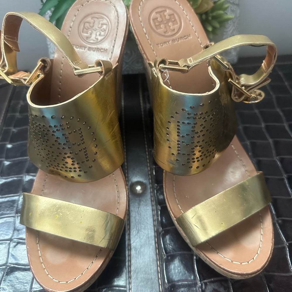 Tory Burch Kimberly Gold Women's wedge shoes size 10 ( see photos)